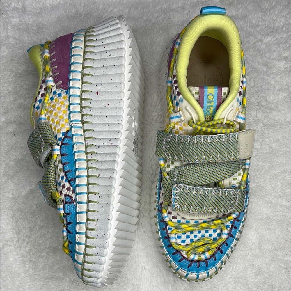 Chloe Vibrant Yellow and Blue Sneakers with Geometric Pattern